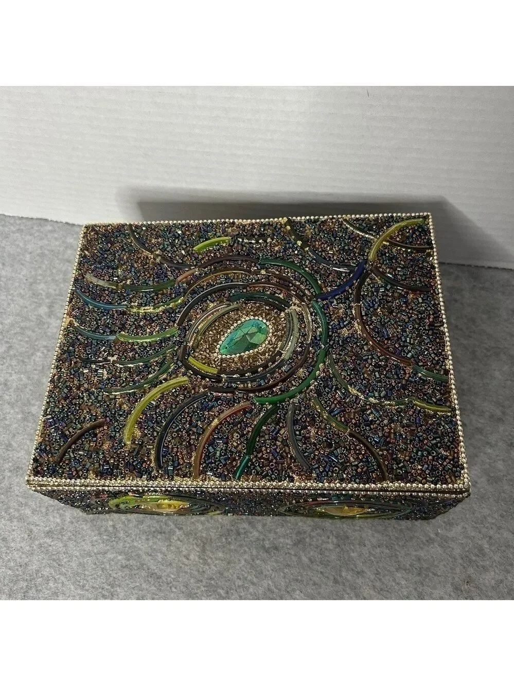 Wood Hand Beaded Trinket Box 8x6x3